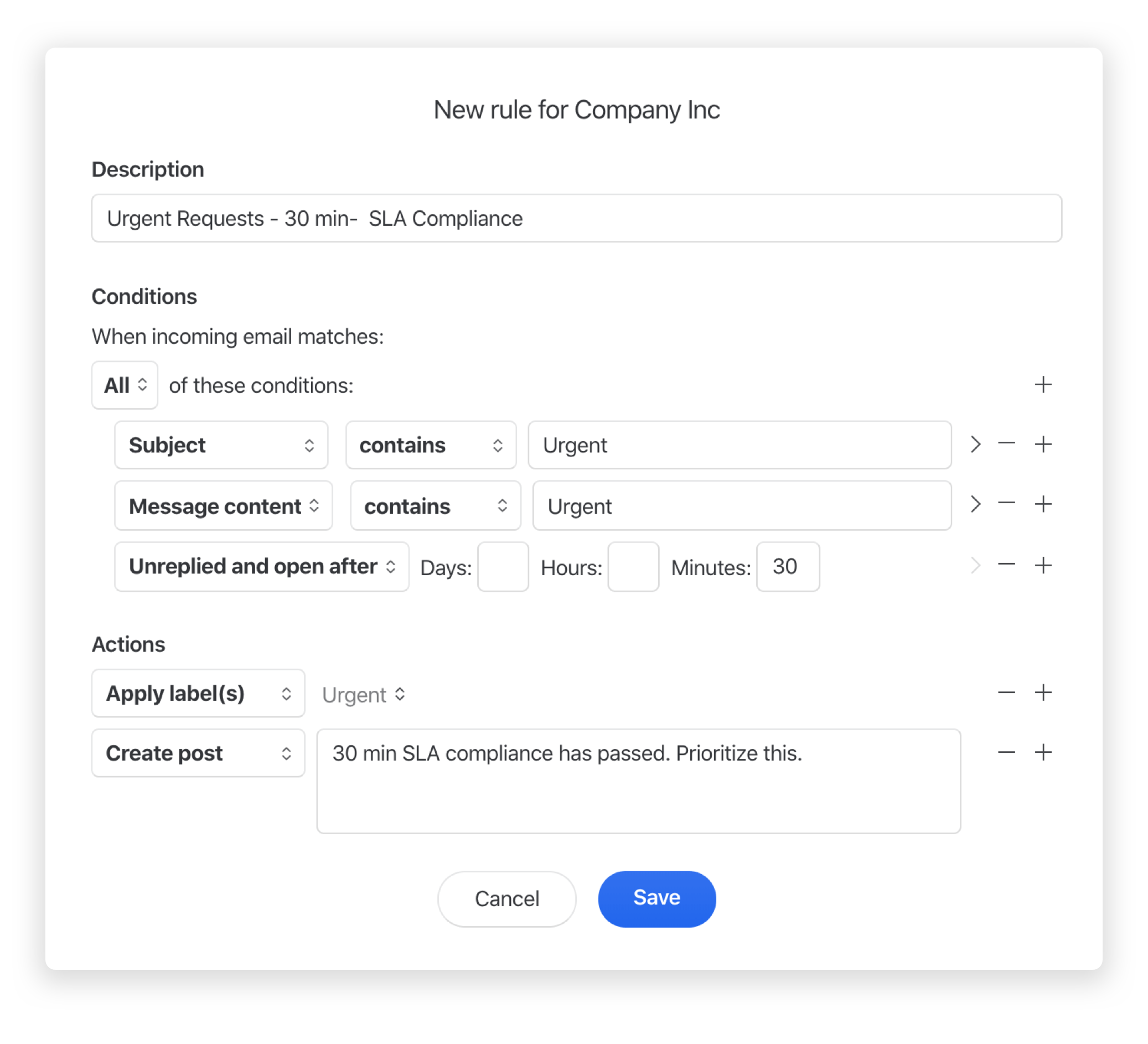 Service Level Agreement rule screenshot