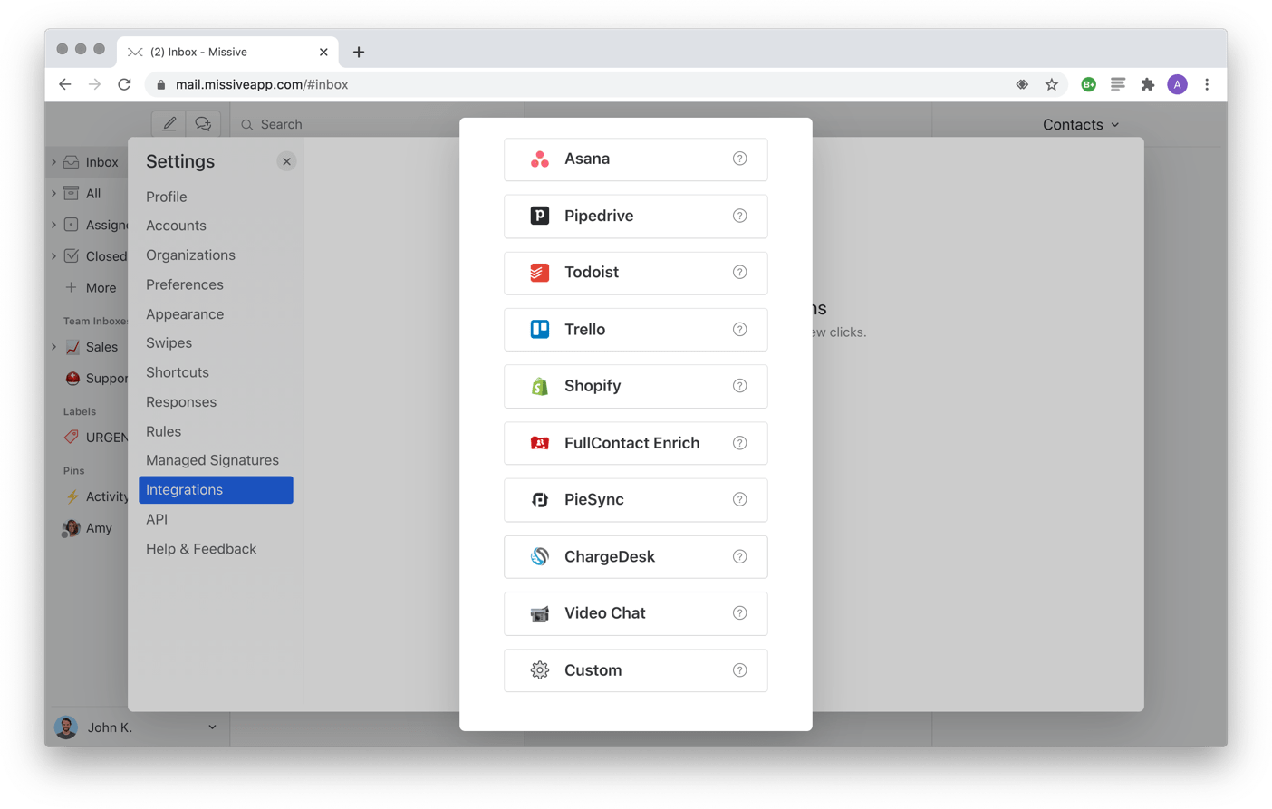 Select Pipedrive integration from list