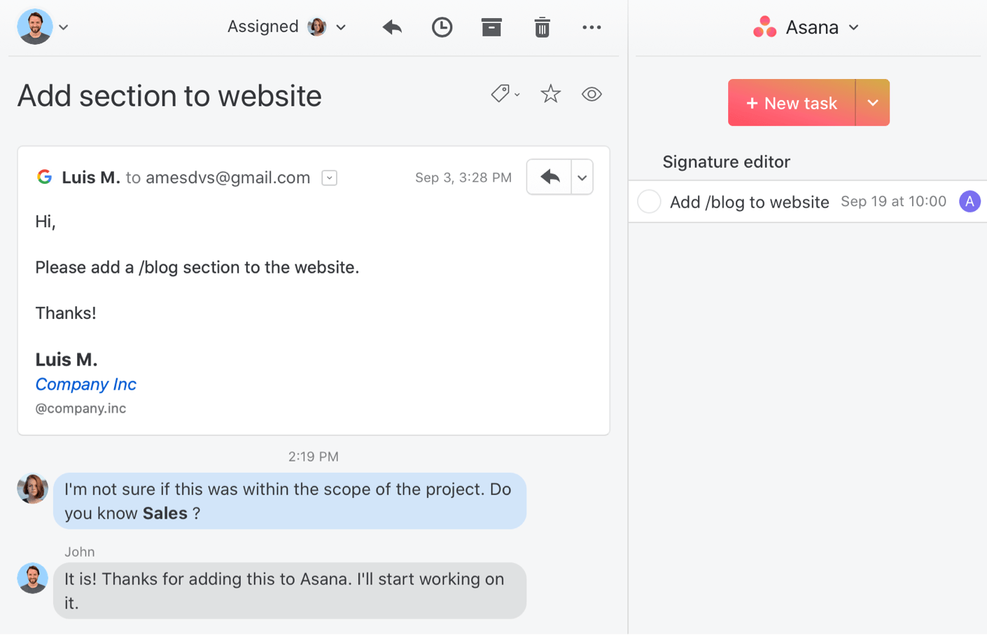 Chat in real-time about Asana tasks in Missive