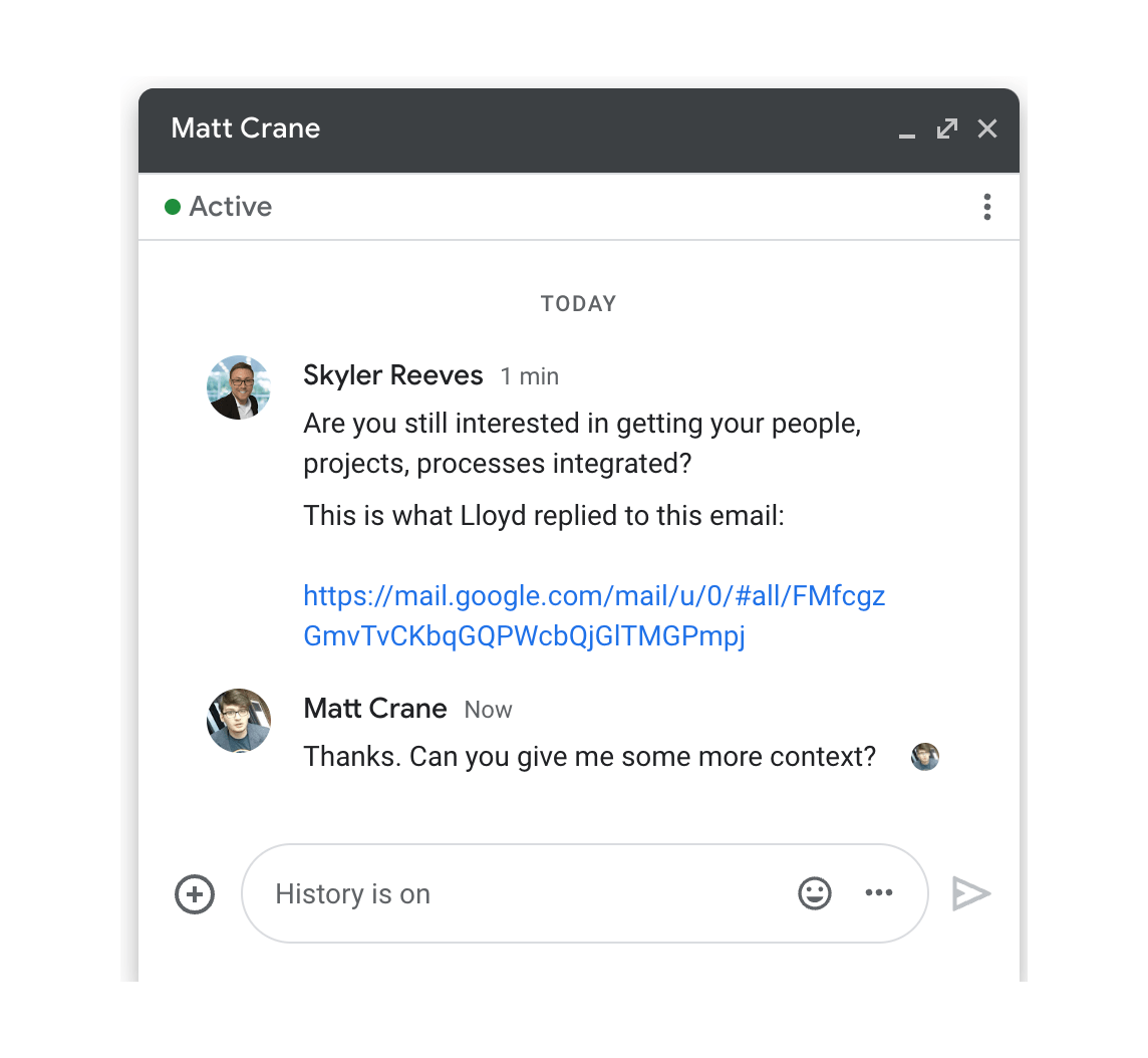 A conversation between two people using Google Chat for Gmail.