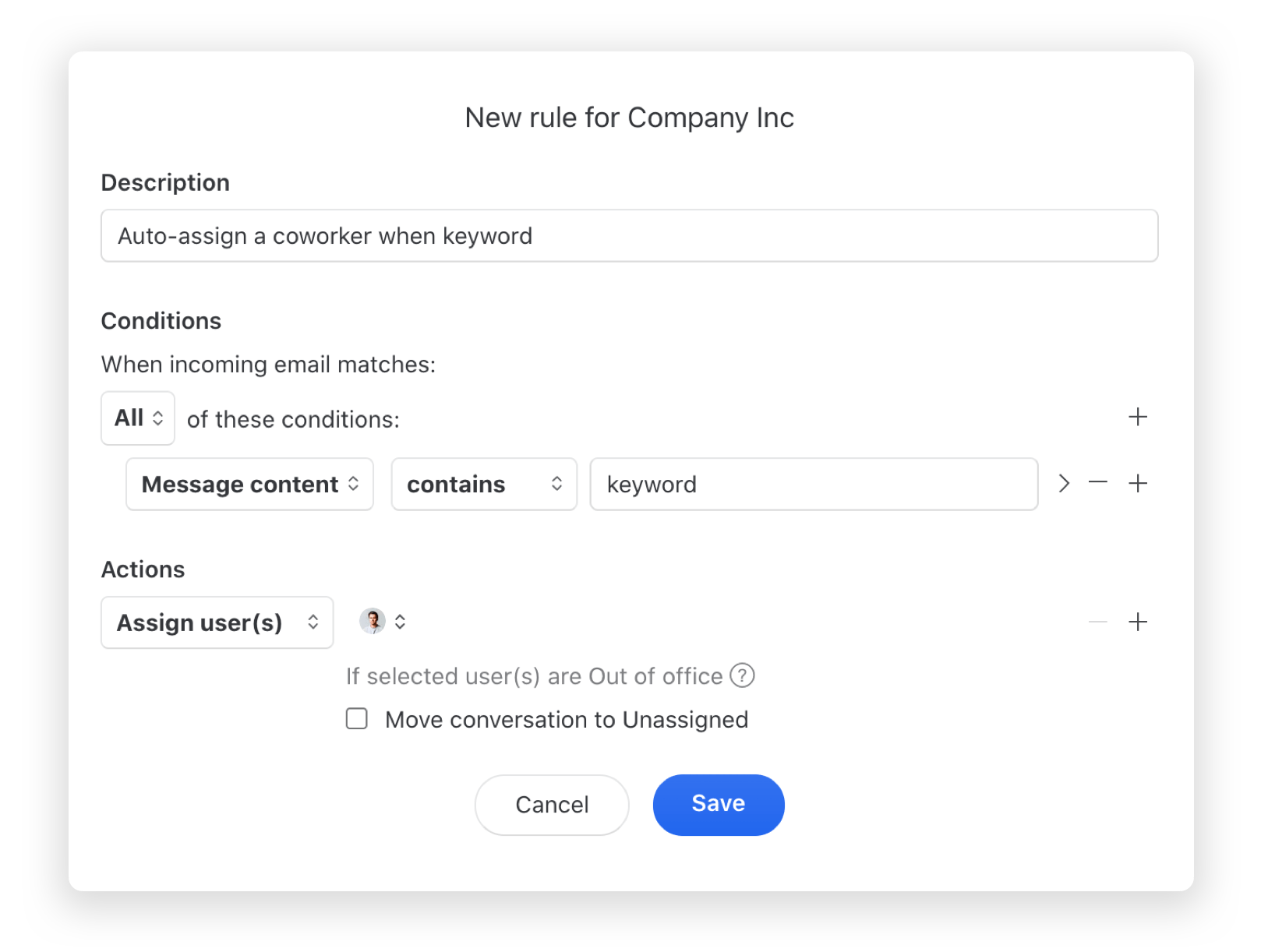 Auto-assign a coworker when message contains keyword