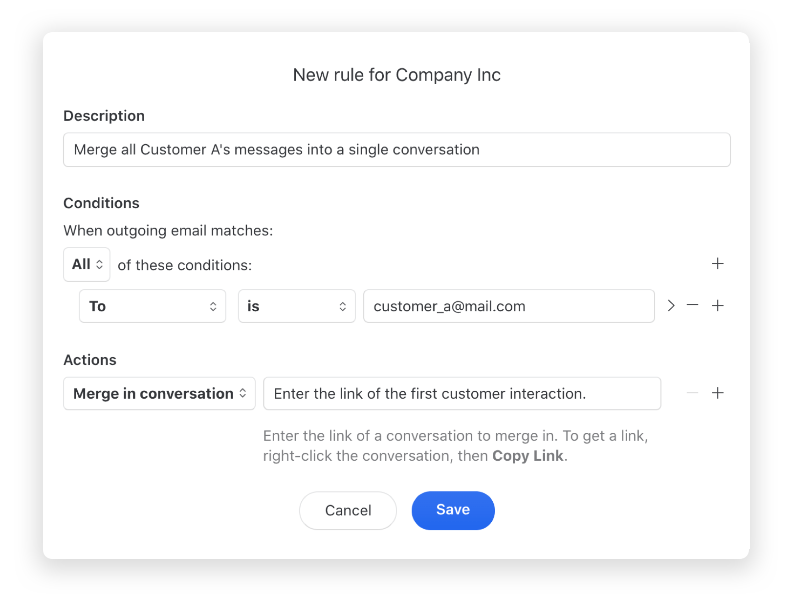 Merge all messages of a customer into a single conversation