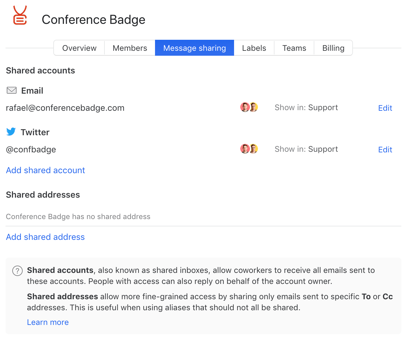 Shared accounts and shared addresses in Missive